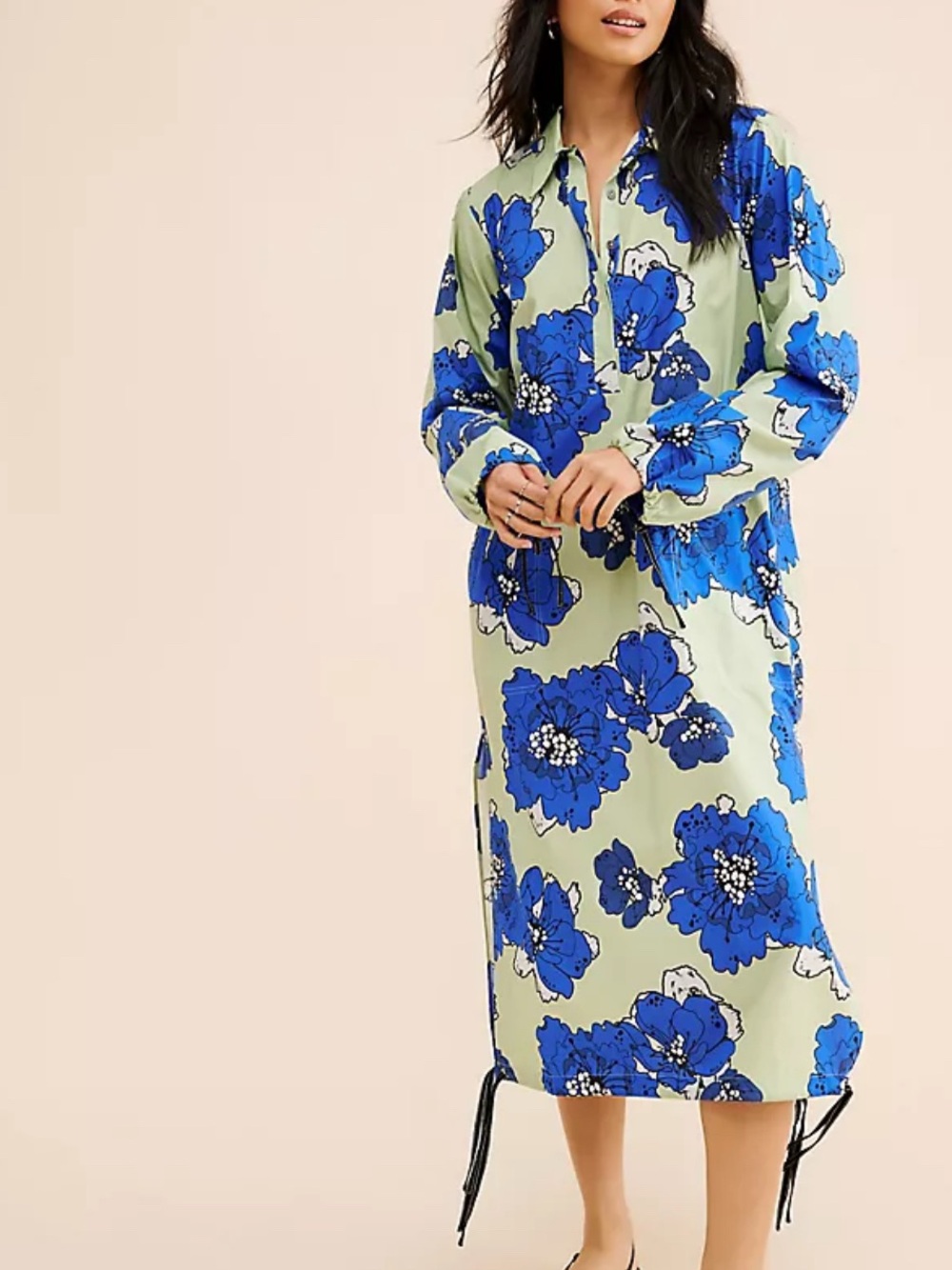 Anthropologie Dhruv Kapoor Floral Midi Shirtdress Cotton Blue Green Dress size M